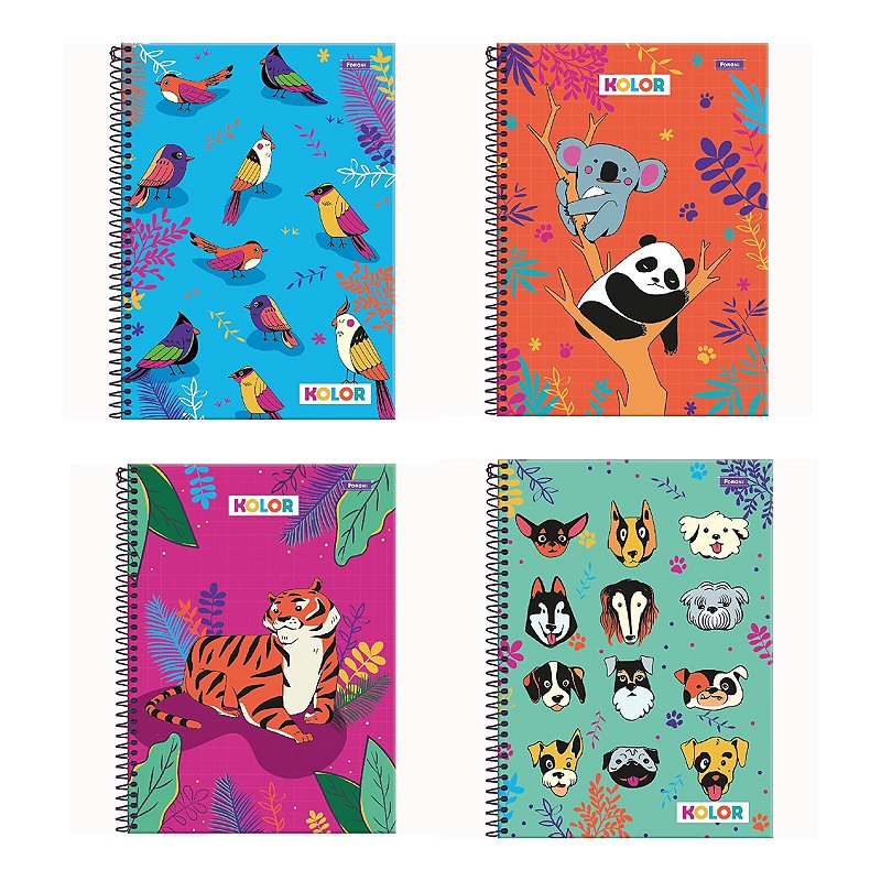 Kit 4 Cadernos Foroni Kolor Animais 80 Fls 1 mat Espiral Sortida