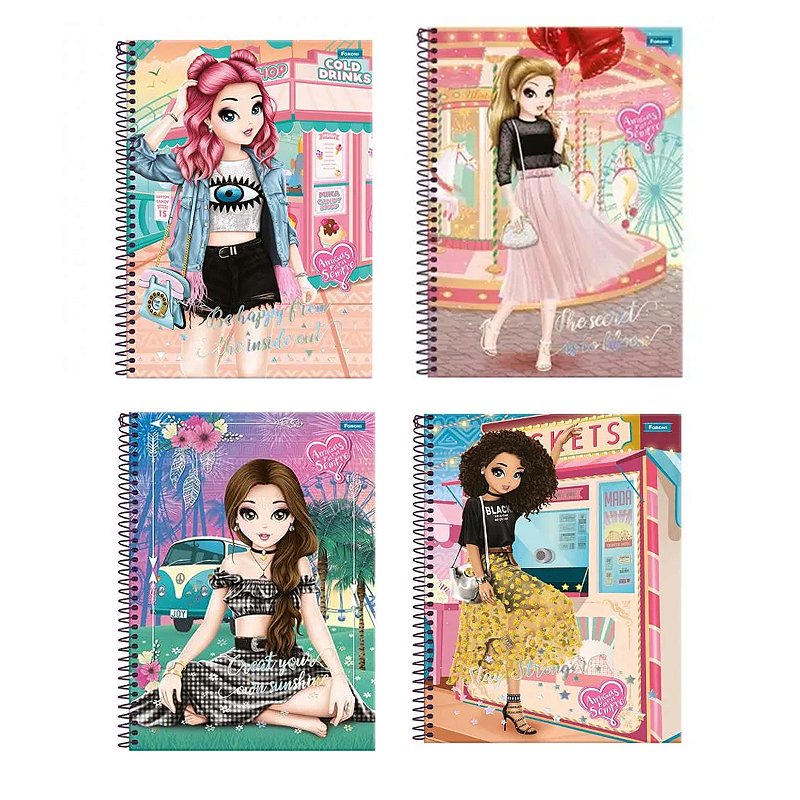 Caderno APS Amigas Adesivo Foroni 10 Materias 200 Fls Espiral