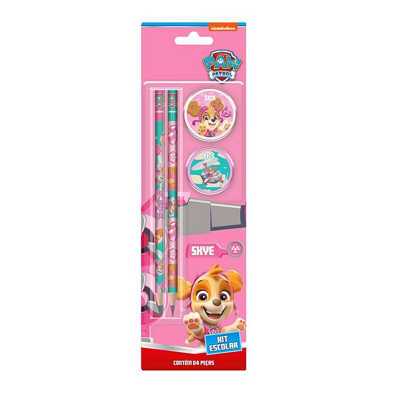 Kit Escolar 4 Peças Patrulha Canina 2 Lápis de escrever 1 Borracha e 1 Apontador