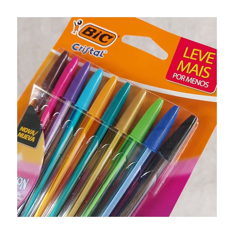 Kit 10 Canetas Bic Cristal Fashion 1.2mm Coloridas