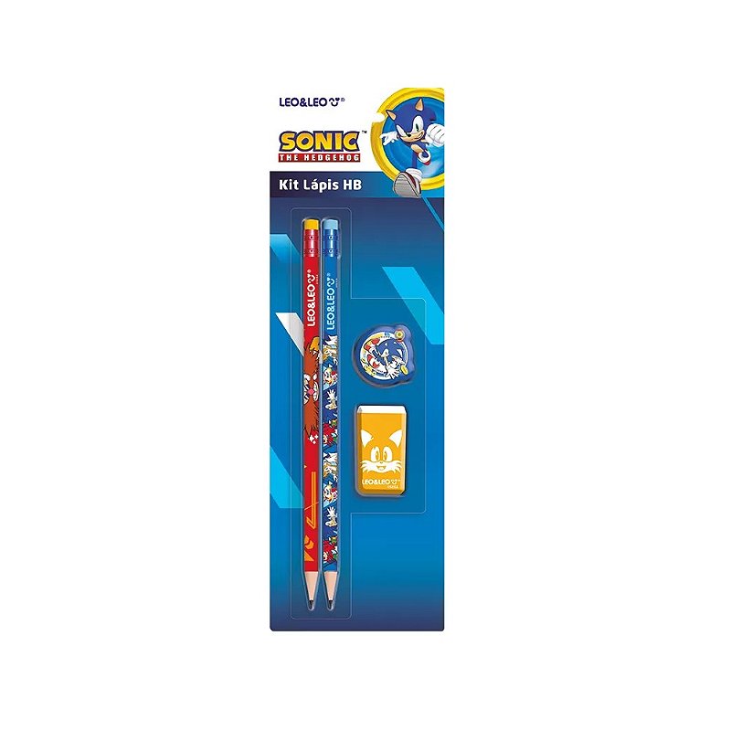 Kit Escolar 4 Peças Sonic The Hedgehog 2 Lápis de escrever 1 Borracha e 1 Apontador