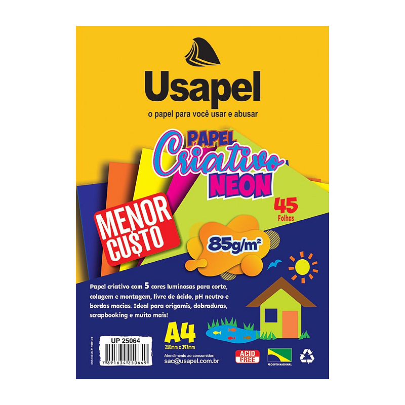 Papel Criativo A4 5 Cores Neon 45 Folhas Usapel