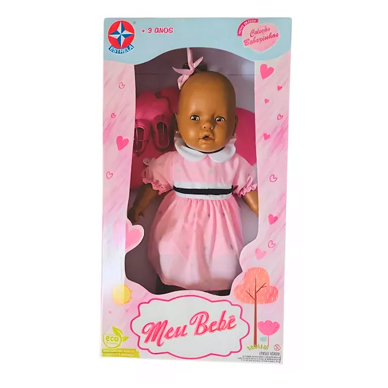 Boneca Meu Bebê Vestido Rosa Sapatinho Chupeta 60cm Estrela Morena