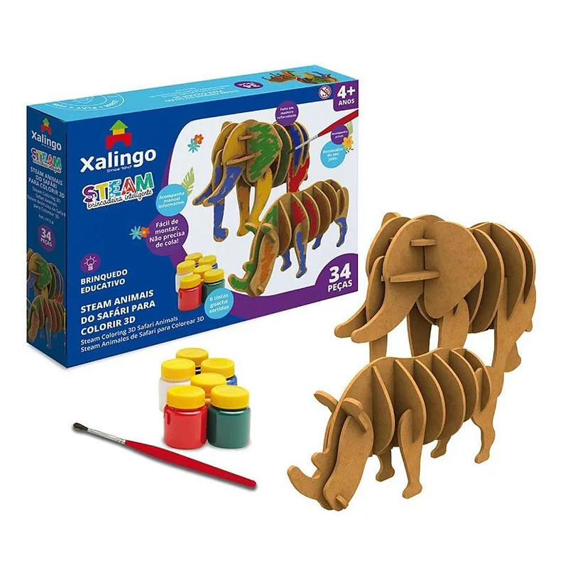 Jogo Educativo Didático Xalingo Steam Animais do Safari Para Colorir 3D 34 Peças