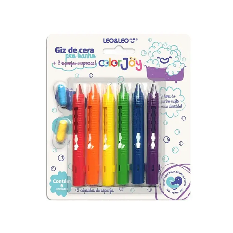 Giz de Cera Pro Banho Color Joy Leo&Leo 6 Unidades 2 Capsula de Esponjas