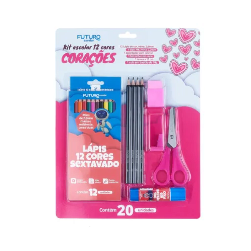 Kit Escolar Infantil C/ 9 Peças Corações Futuro Escolar