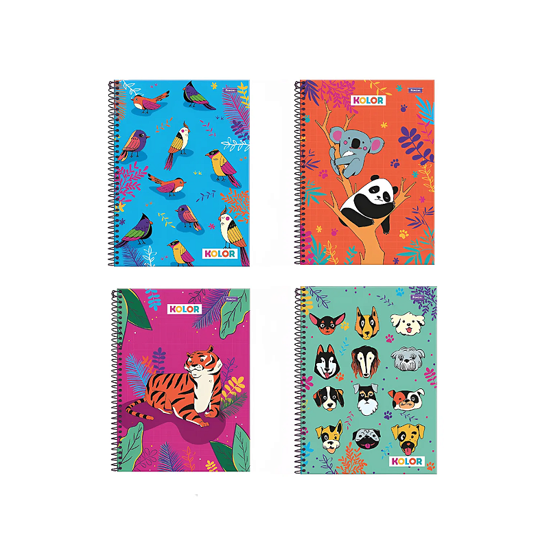 Caderno Kolor Animais Capa Dura Espiral 1 Matéria 80 Folhas Foroni