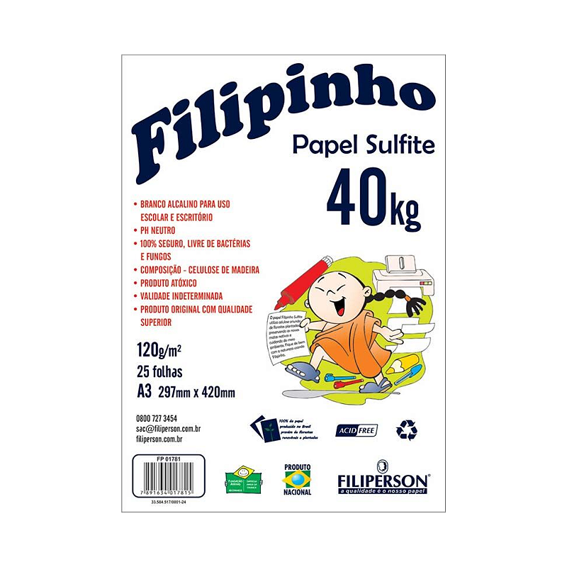 Pacote de Papel Sulfite Filipinho A3 120gm 297mmx420mm com 25 Folhas Filiperson