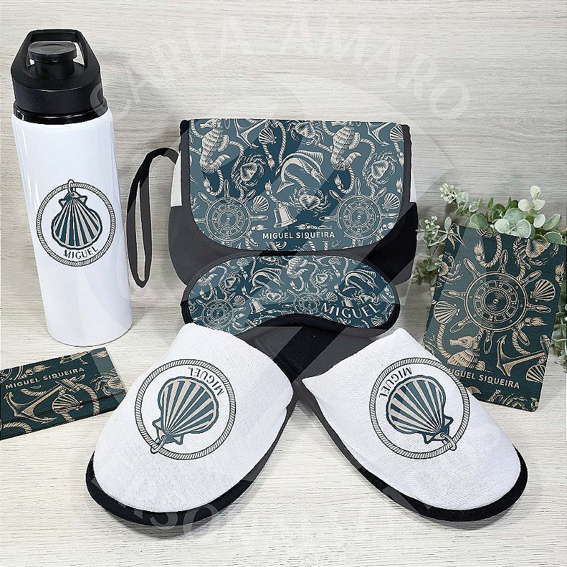Kit de Viagem | Necessaire Personalizada + Garrafa de Alumínio Personalizada + Máscara de Dormir Personalizada + Porta Passaporte Personalizado + Pantufa Personalizada