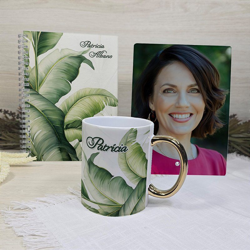 Kit Personalizado | Porta-Retrato de Vidro Personalizado + Caneca de Alça Cromada Personalizada + Caderno A5 Personalizado