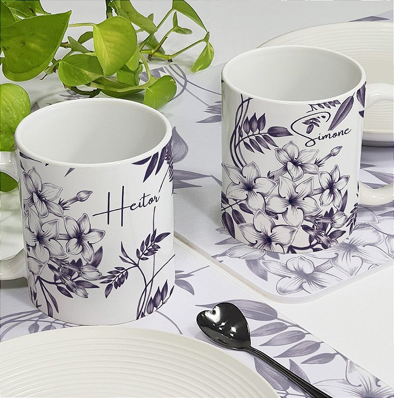 Kit Personalizado de Caneca e Jogo Americano Flores de Jasmim