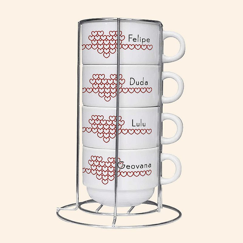 Torre de Xícaras Personalizada com Suporte – Kit Café 2 ou 4 Peças