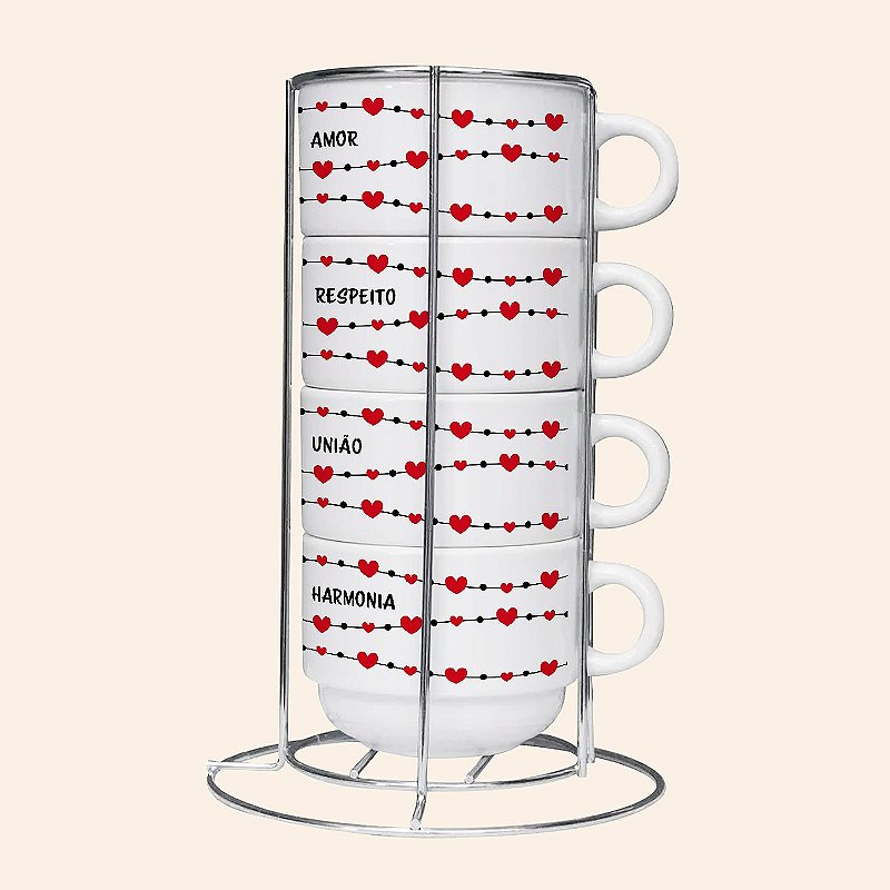 Torre de Xícaras Personalizada com Suporte – Kit Café 2 ou 4 Peças