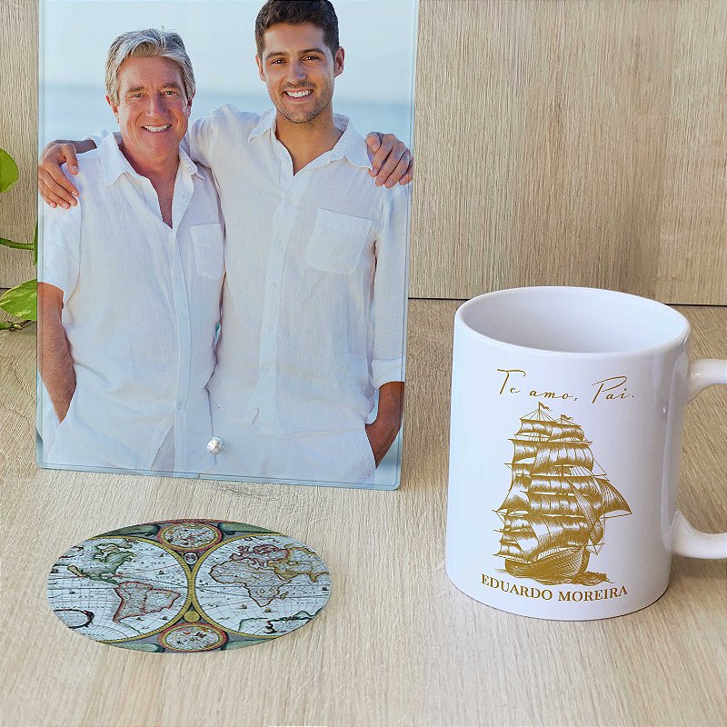 Kit Caneca Personalizada + Mouse Personalizado + Porta-Copos de Vidro Personalizado