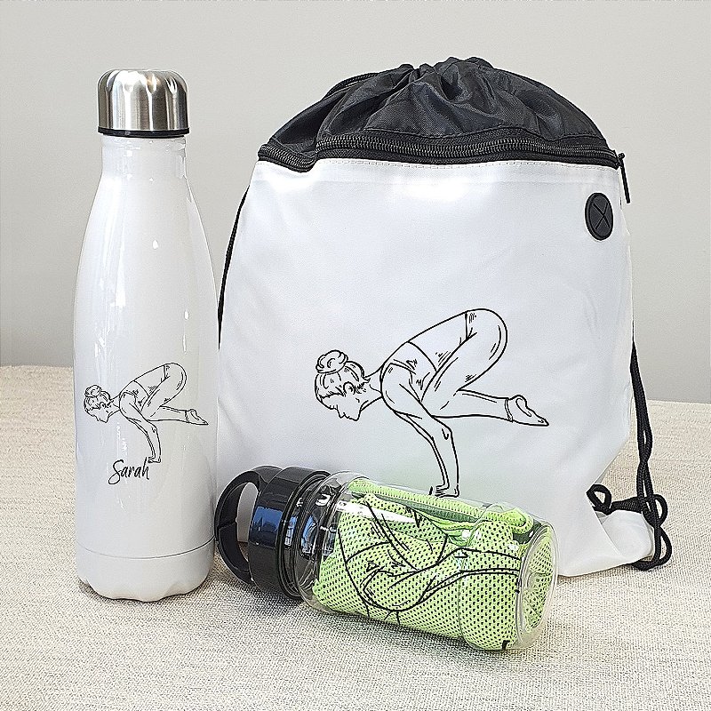 Kit Esportivo Personalizado | Mochila Saco Personalizada + Garrafa Térmica + Toalha Fitness Personalizada