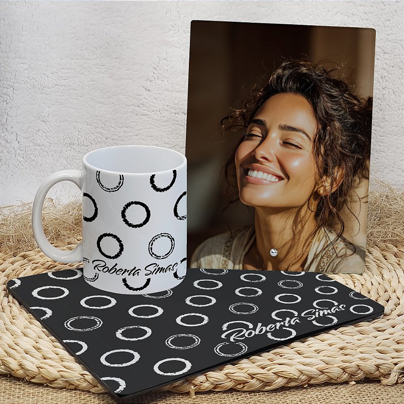KIT DE ESCRITÓRIO PERSONALIZADO | PORTA-RETRATO PERSONALIZADO COM FOTO ESTAMPADA NO VIDRO + MOUSE PAD PERSONALIZADO + CANECA PERSONALIZADA +