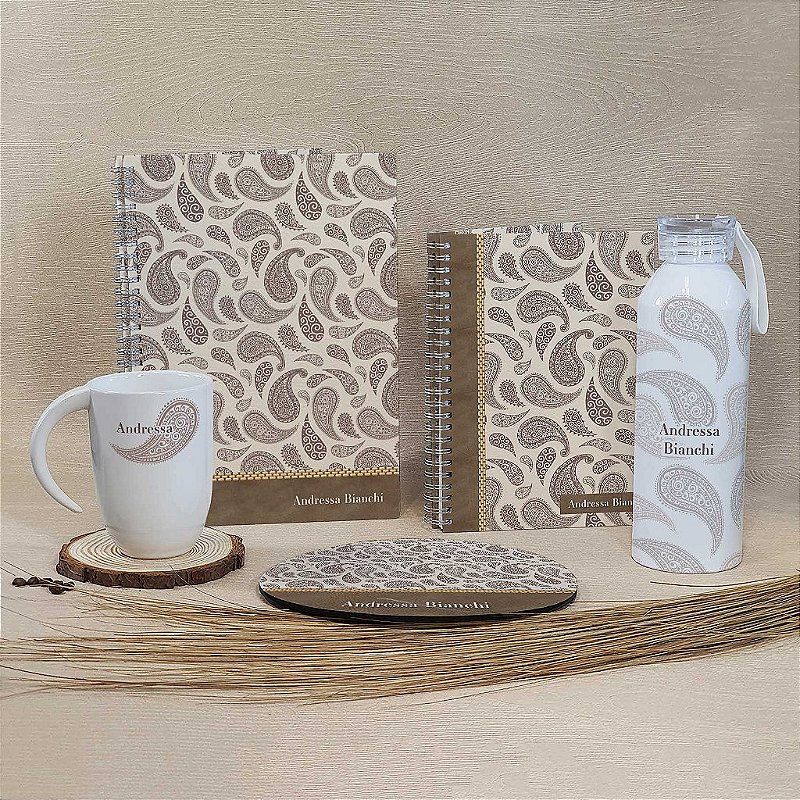 Kit de Escritório | Cadernos A4 e A5 Personalizados + Mouse Pad Personalizado + Caneca Personalizada + Garrafa de Alumínio com Alça de Silicone