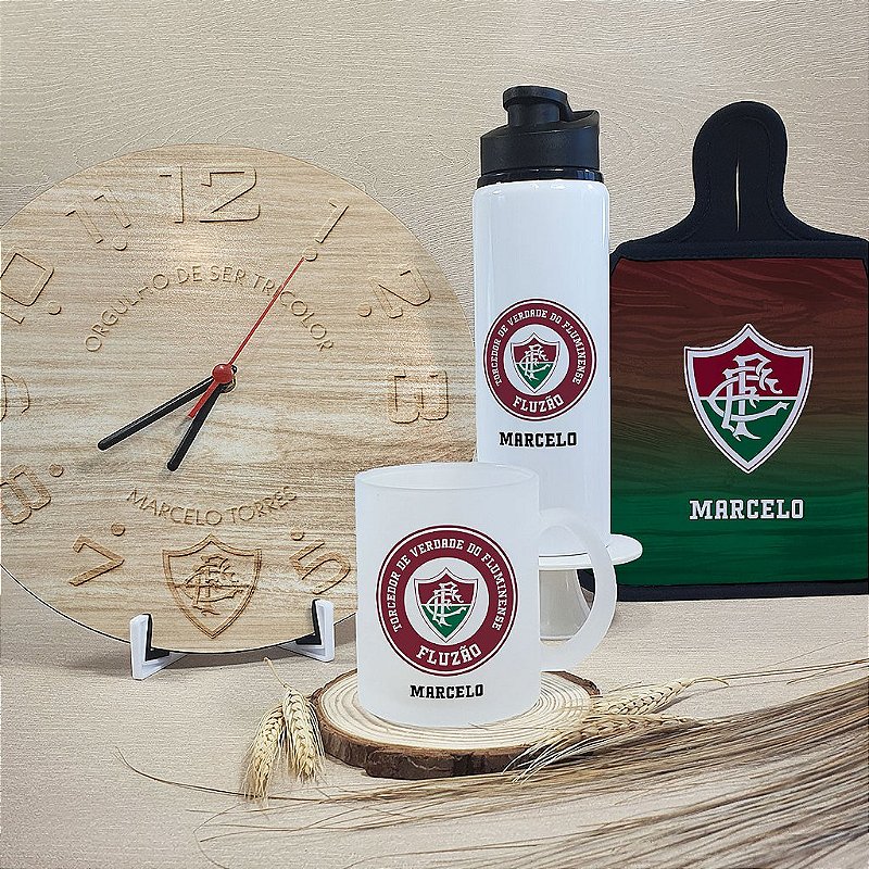 Kit de Torcedor Personalizado | Relógio de Parede Personalizado + Caneca de Vidro Fosca Personalizada + Garrafa de Alumínio Personalizada + Lixeira de Carro Personalizada