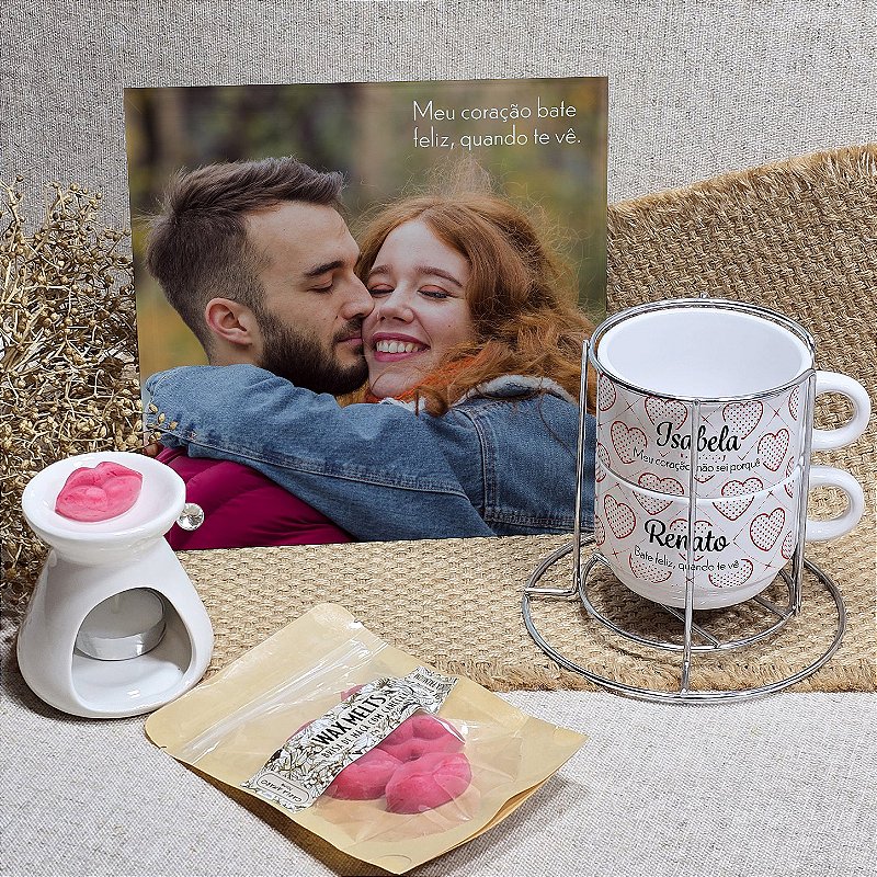 Kit Experiência Afeto & Aromas Premium | Torre de Xícaras, Porta-Retrato em Vidro e Difusor de Cerâmica com Wax Melts