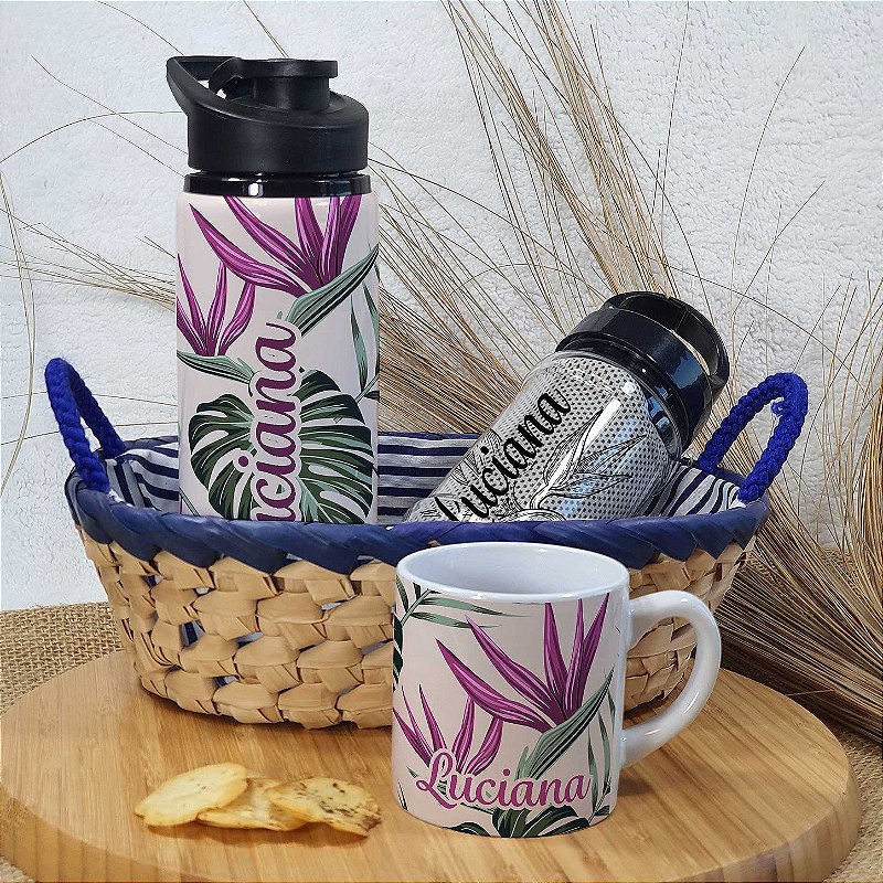 Kit Personalizado Garrafa de Alumínio + Caneca 180ml + Toalha Fitness c/ Garrafa Plástica