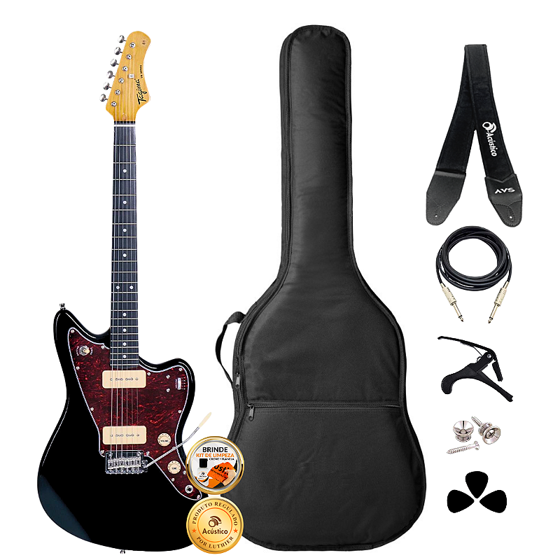 Kit Guitarra Jazzmaster Tagima Preto Tortoise Tw-61 Completo - O