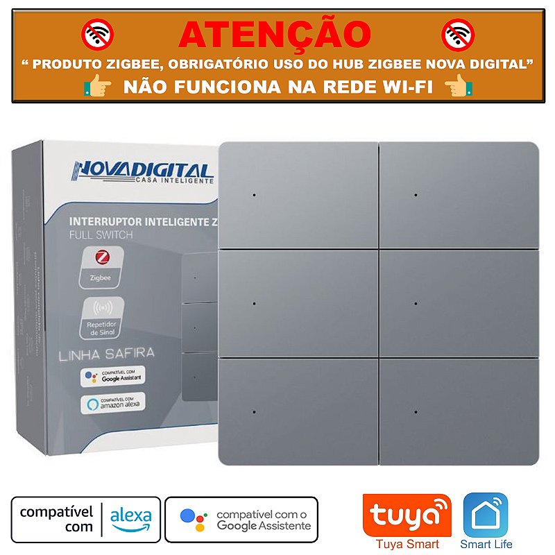 Interruptor Zigbee 4x4 de 6 Teclas Fisícas Linha Safira Tuya Nova