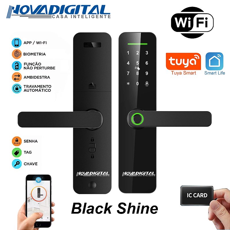 Fechadura Smart Wi-fi Black Shine com Biometria Senha e Tag Tuya