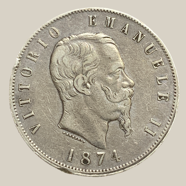Moeda de Prata de 5 Liras, Itália, 1874, Rei Vittorio Emanuele II