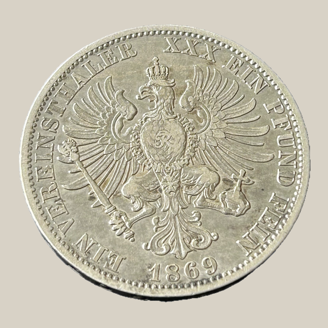 Moeda de prata, 1 Vereinsthaler (1869A) – Prússia (Guilherme I