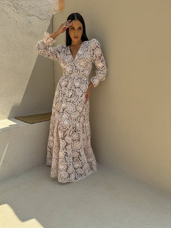 Vestido Longo De Renda Com Manga Bufante Vestido Glória Longo - Main Image