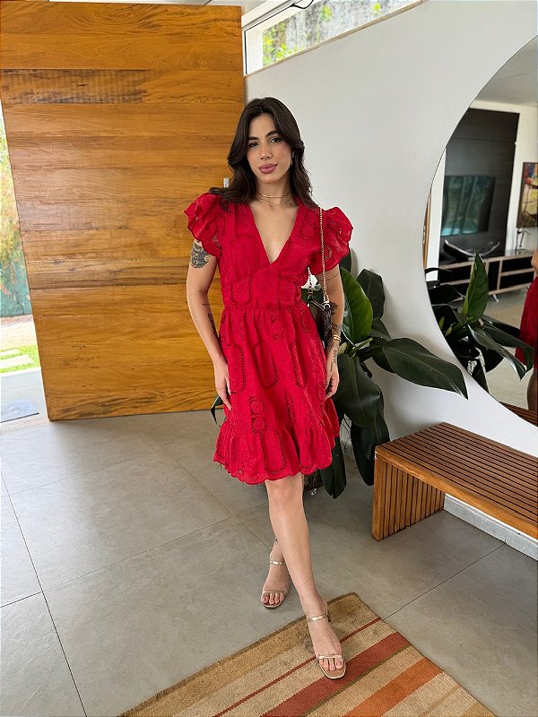 deals vestido vestido bordado vermelho