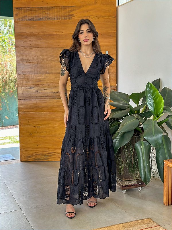 Vestido Glória Longo de Algodão Bordado Preto Mariah Store