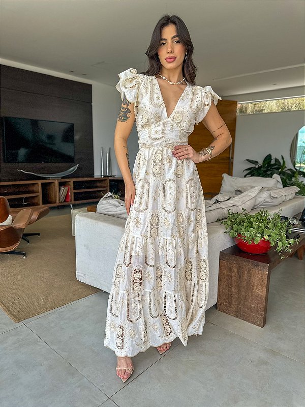 Vestido Glória Cordone Longo de Algodão Bordado Branco com Bege