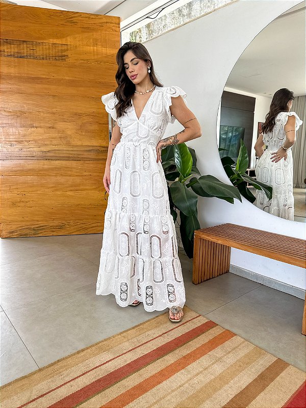 Vestido Glória Longo de Algodão Bordado Branco Mariah Store