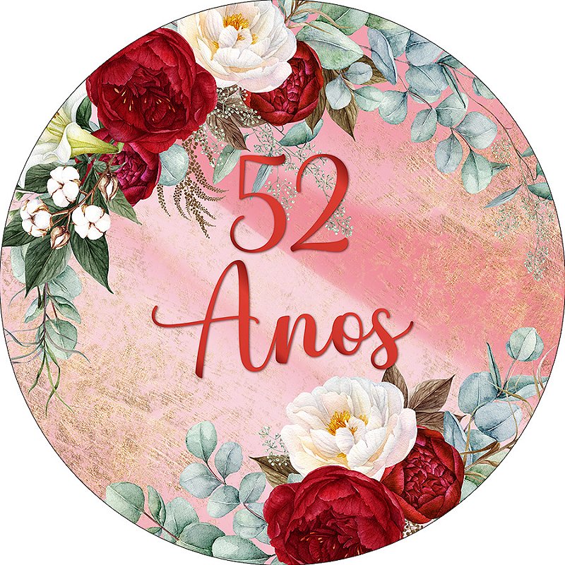 Painel De Festa Redondo 1,50x1,50 - 52 Anos Efeito Mármore com Flores ...
