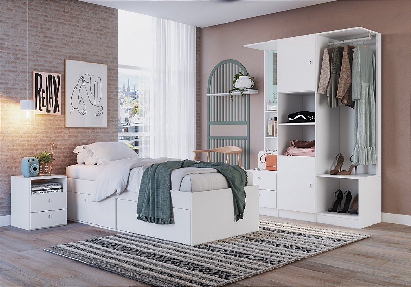 Quarto Juvenil Com Cama, Guarda-Roupas e Mesa De Cabeceira 90 Tókio Branco  Art In Móveis - Litz