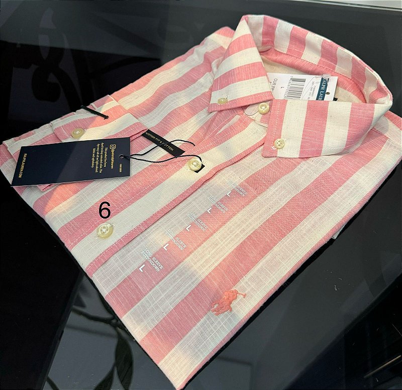 Camisa Polo Ralph Lauren Rosa Listrada Linho
