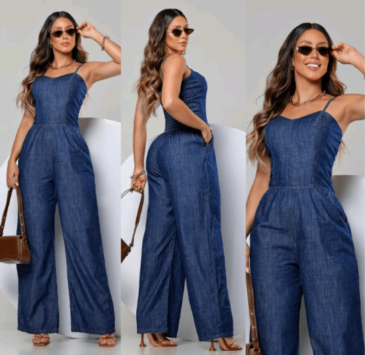 Macacão Pantalona MacacÃ£o Jeans Feminino Comprido Macacão Longo