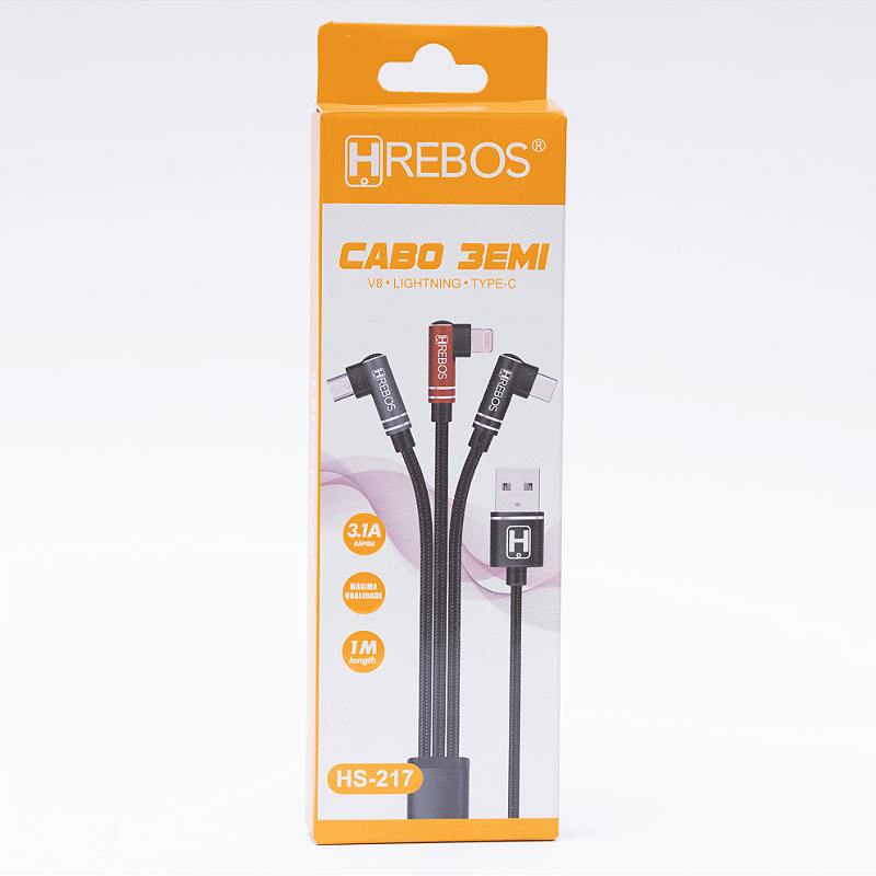 Cabo 3 x1 Micro USB V8, Lightning, Tipo C Em L Hrebos HS-217 ...