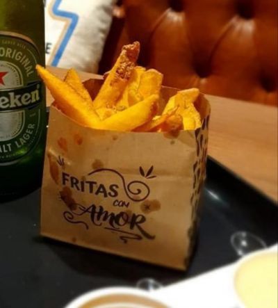 Saquinho Papel p/ Batata Frita, Salgados, Hamburger Fritas com amor 