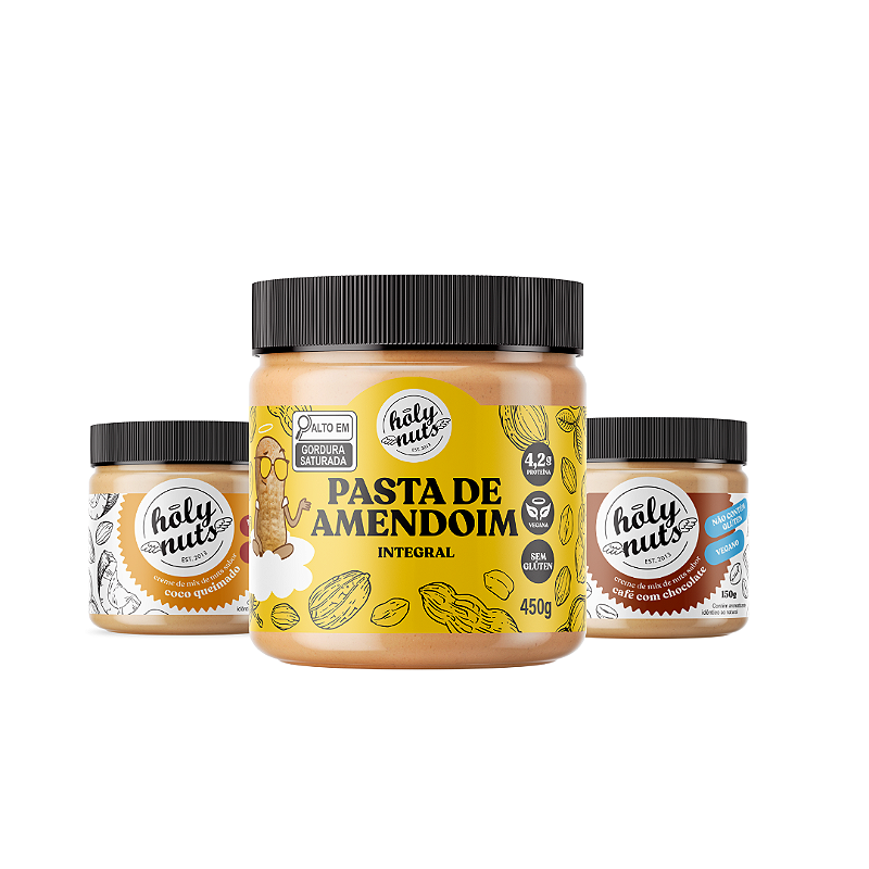Combo: Pasta Integral de Amendoim 450g + Creme de Mix de Nuts Sabor Coco Queimado 150g + Creme de Mix de Nuts Sabor Café com Chocolate 150g