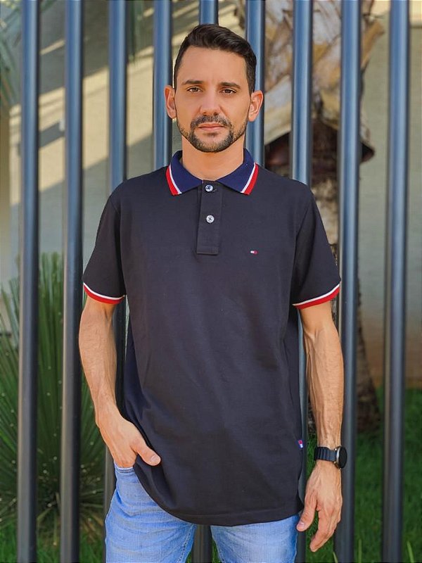 Camisa Polo Tommy Hilfiger Masculina Regular Fit Preta Logo Tradicional