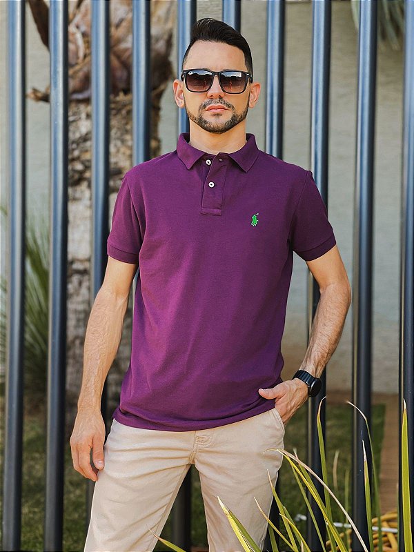 Camisa Polo Ralph Lauren Masculina Custom Fit Roxa Pony Verde
