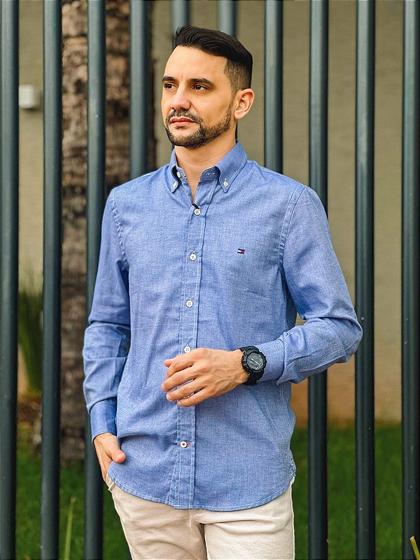 Blue Camisa Tommy Precio Camisa Azul Marino Liso De Corte Estándar - Main Image