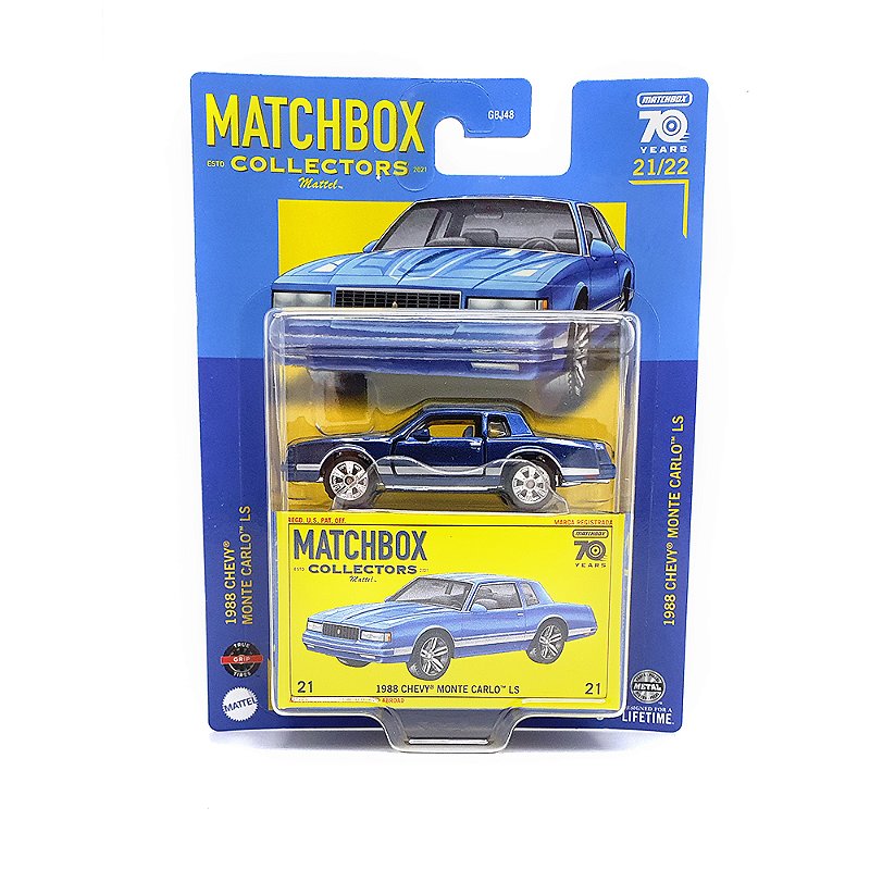 Matchbox 1988 Chevy Monte Carlo LS - Modellino Auto Collezionisti 21/22, Colore Blu, In Scala, Parte Metallica