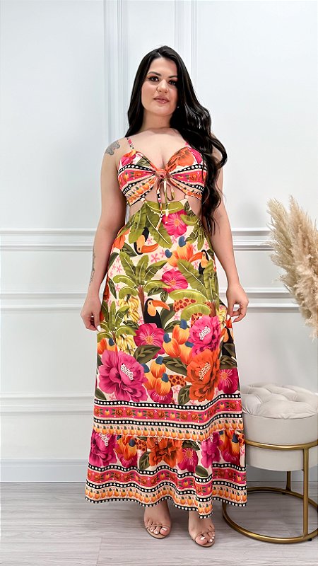 Vestido Longo Estampado Fundo Nude - Floral