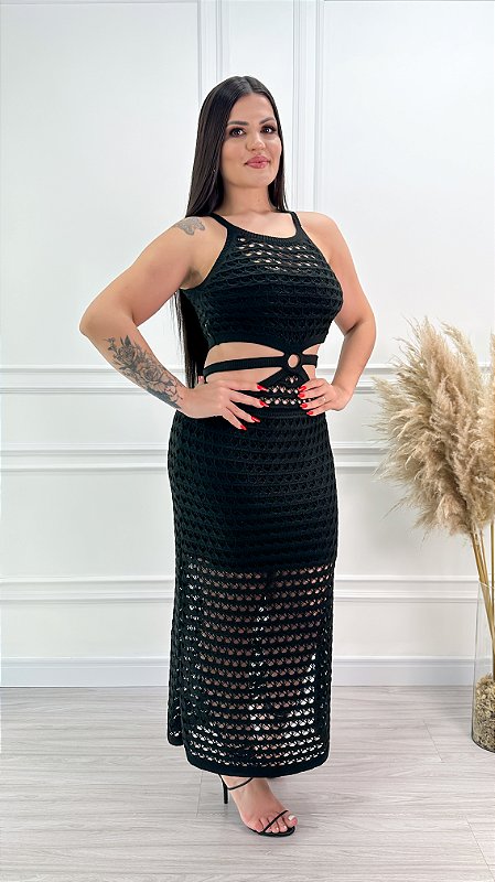 Vestido Tricot Rendado Fiorella Preto