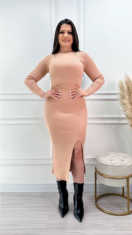 Conjunto Feminino Mikaela Midi Saia Cropped Tricot Canelado
