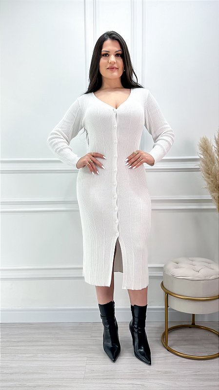 Vestido Midi Tricot Canelado Manga Longa Camille