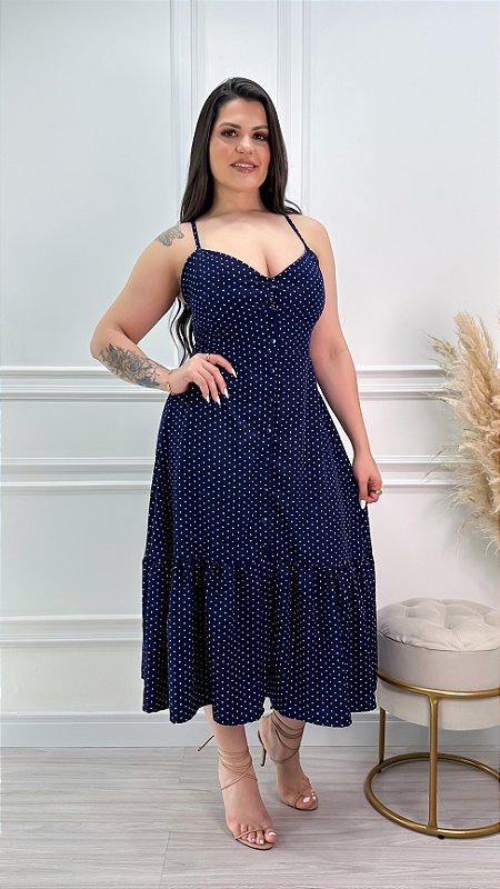 Vestido Crepe Midi de Poá com Lastex nas Costas Luna